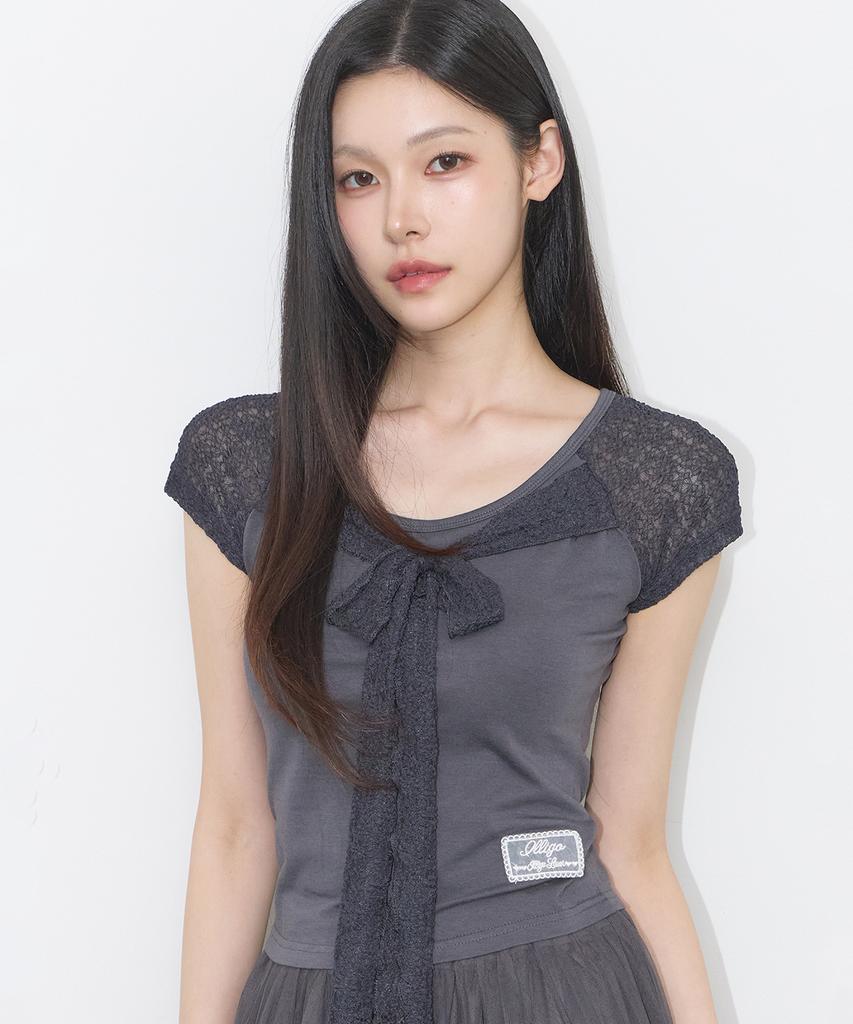 ILLIGO Lace Ribbon Contrast T-Shirt Charcoal