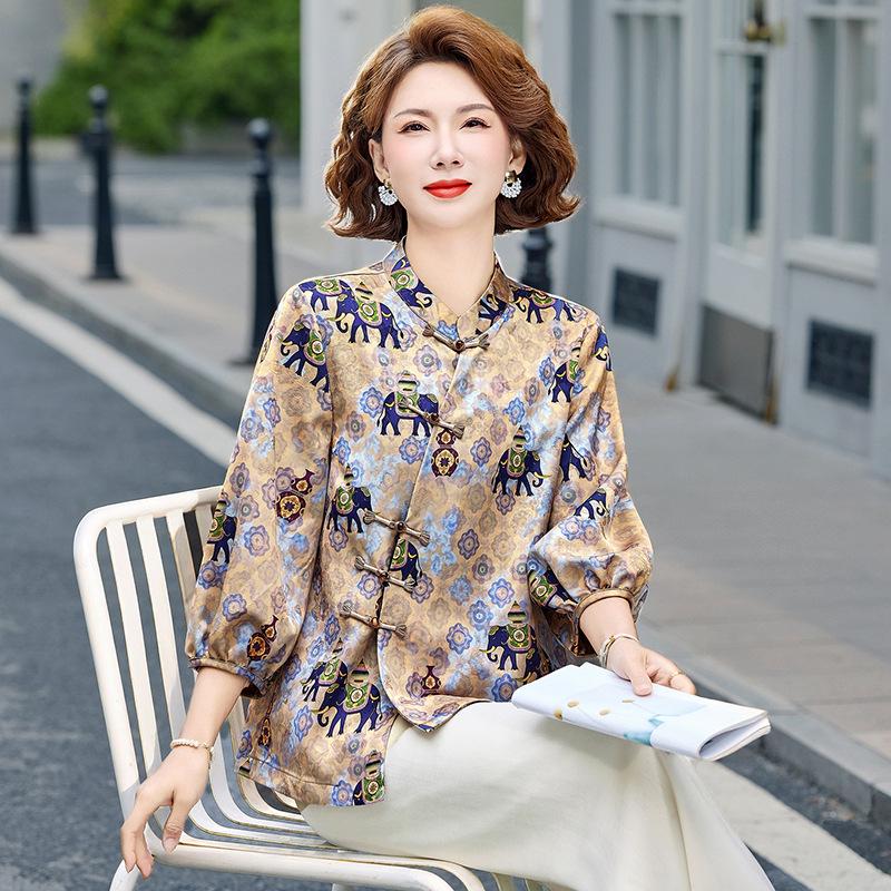 2026 Elegant Mid-Sleeve Frog Button Blouse for Middle-Aged Women - Summer Chinese Style 2XL
