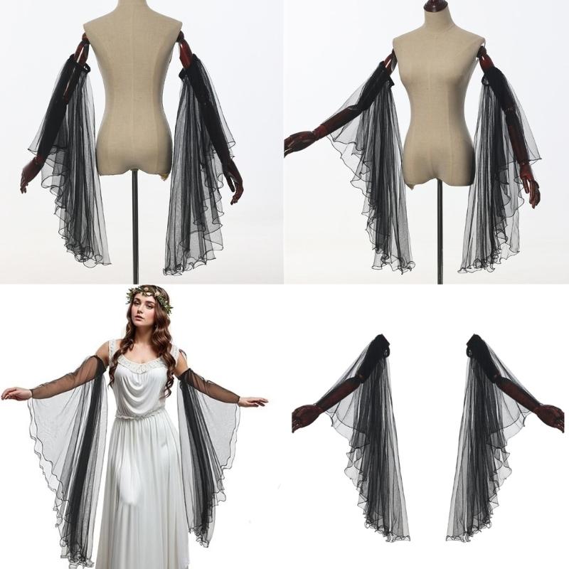 Luvas Longas de Tule Vitorianas Femininas Góticas Preto/Branco Chiffon Mangas Removíveis Vampiros Bruxa Fantasia Cosplay Presentes