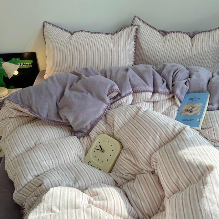 Soft & Fluffy Taro Purple Velvet 4-Piece Bedding Set: Thick, Warm, Double-Sided Coral Fleece for Autumn & Winter