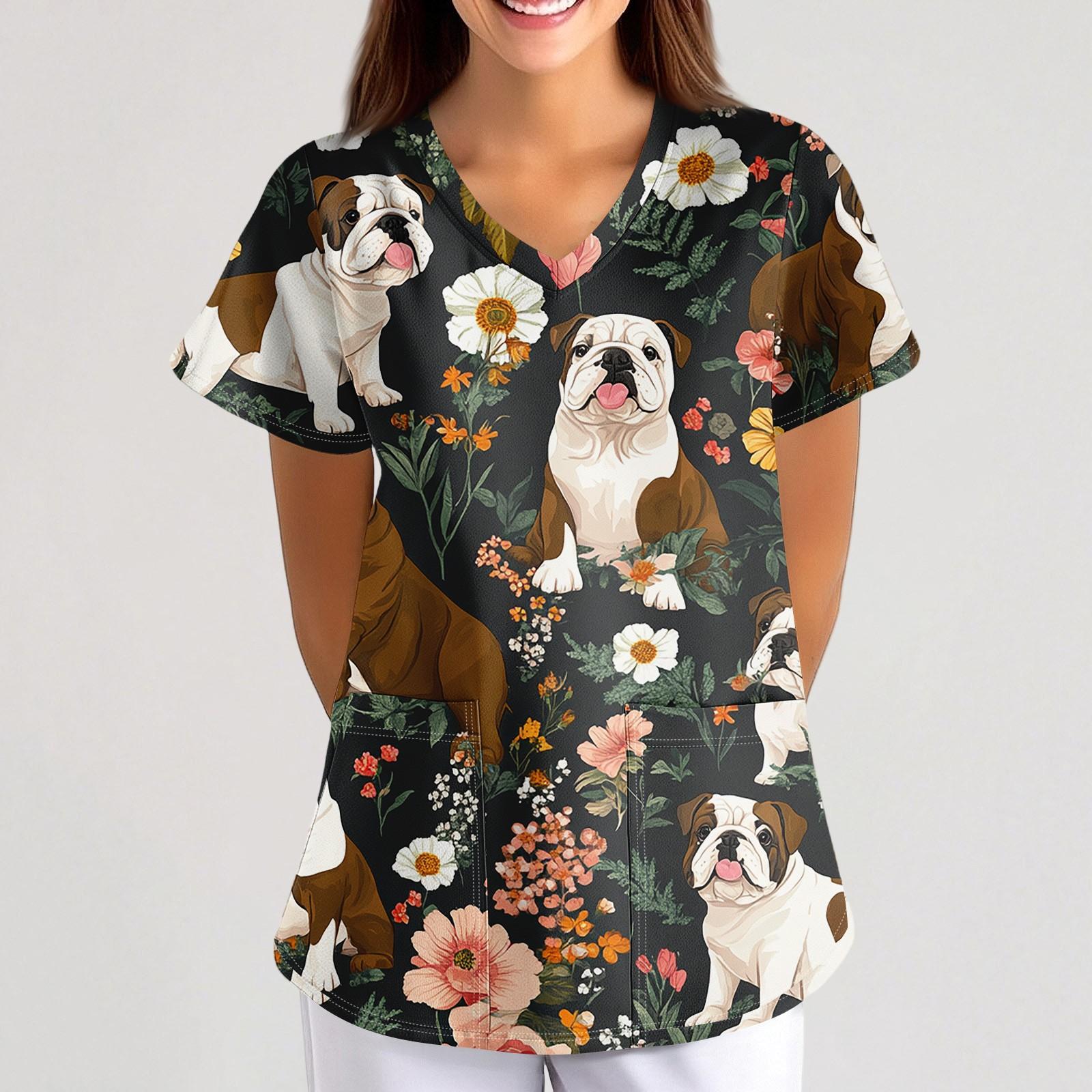 

Робоча уніформа з принтом для великих розмірів. Топи для жінок з хрестовим V-подібним вирізом, принтом на Хелловін, з короткими рукавами, веселі футболки, робочий одяг, футболки з кишенями XXXXL кавовий