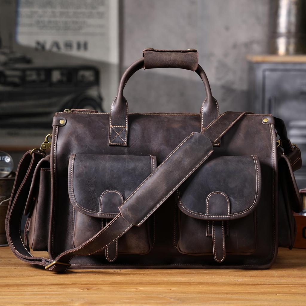 Men's Genuine Leather Crazy Horse Briefcase & Messenger Laptop Bag