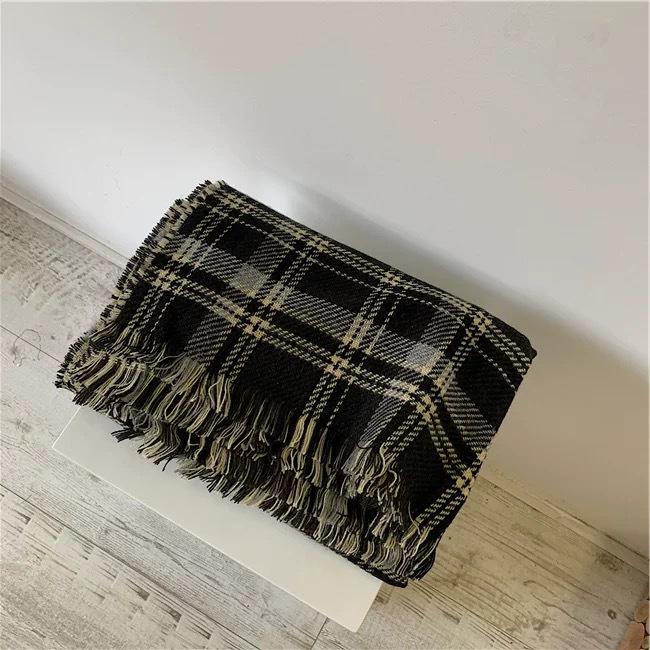 Korean Style Imitation Cashmere Plaid Scarf - Women's Warm, Thick, and Versatile Neck Warmer for Fall and Winter.