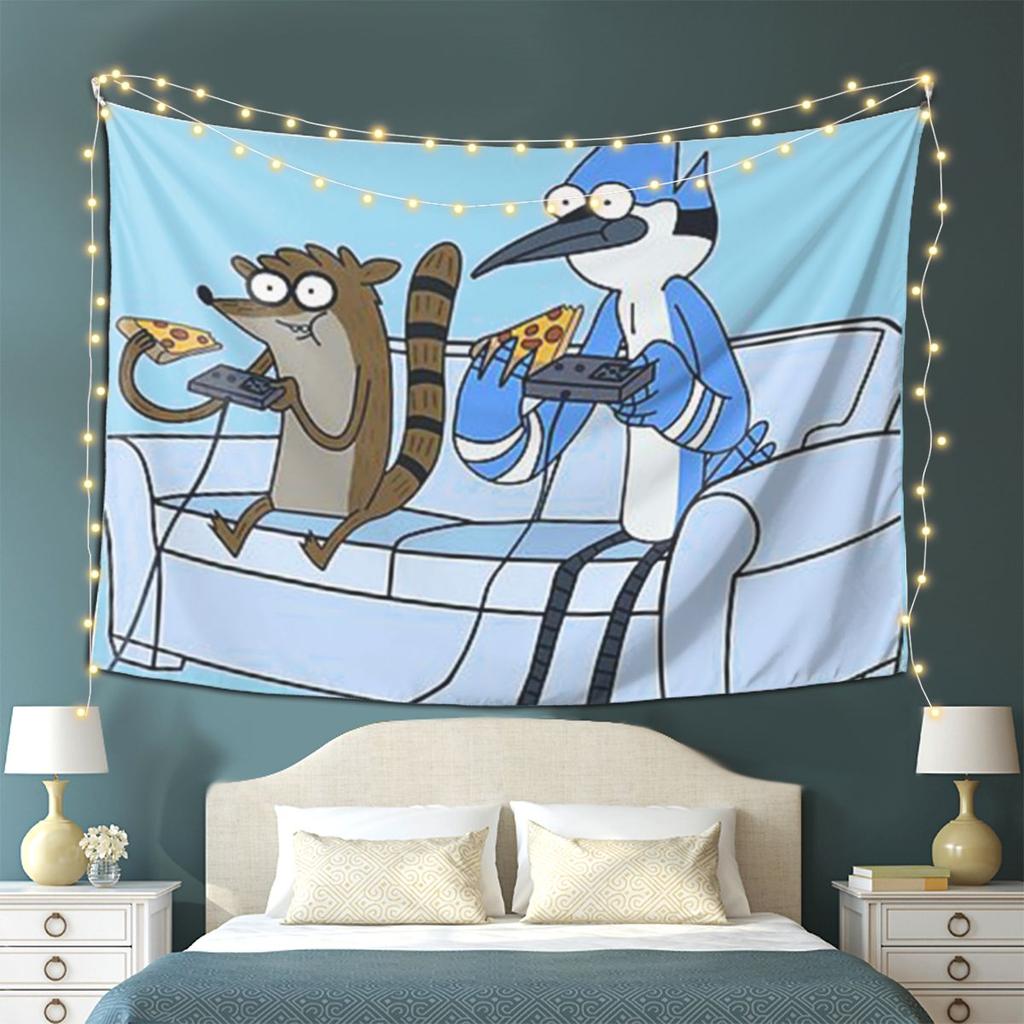 Mordecai And Rigby Pizza And Video Games Tapestry Wall Hanging Aesthetic Home Decoration Tapestries for Living Room Bedroom