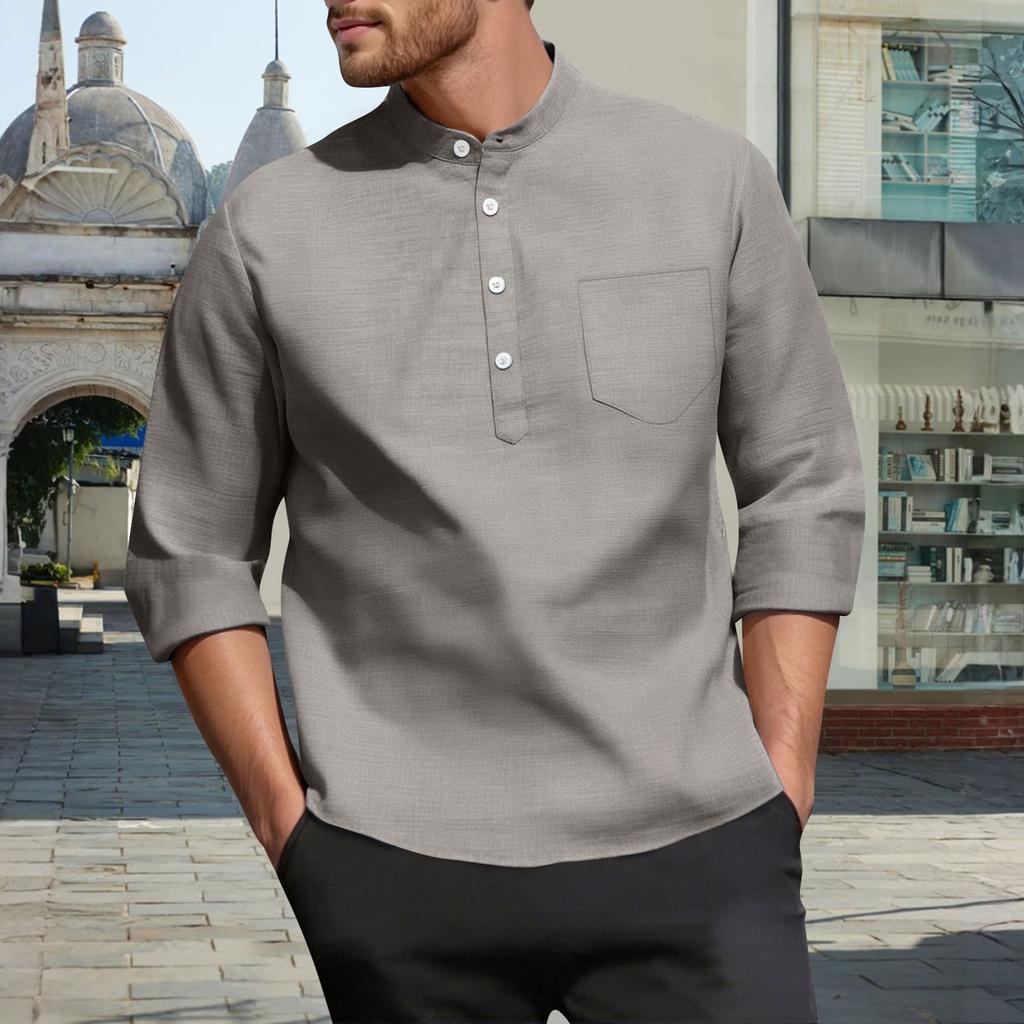 Men's Casual  3/4-Sleeve Shirt - Stand Collar Loose-Fit Breathable Solid Color With Pocket