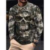 Round Neck 3D Skull Printed Top Casual Long Sleeved Men's T-shirts - Soft Medium Stretch Polyester Fabric Spring and Autumn Relaxed Fit Clothing