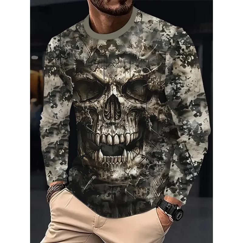 Round Neck 3D Skull Printed Top Casual Long Sleeved Men's T-shirts - Soft Medium Stretch Polyester Fabric Spring and Autumn Relaxed Fit Clothing