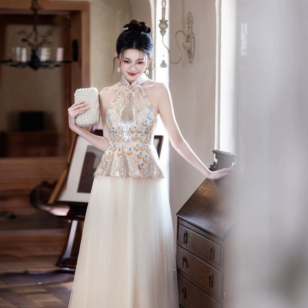 Champagne Engagement Evening Dress Dress Women 1011 New Neck Bridal Toast Dress Banquet High-end Light Luxury Host