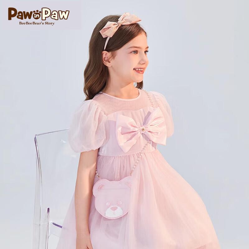 PawinPaw 2024 Summer Cartoon Bear Mesh Spliced Satin Dress 100