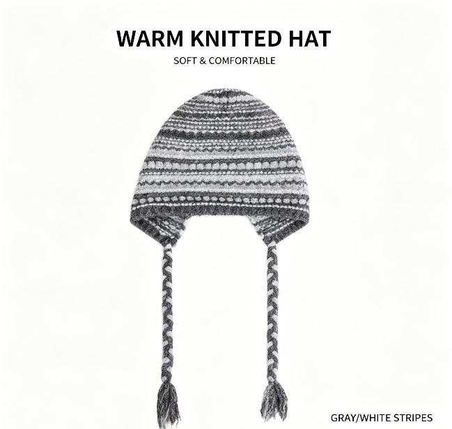 Maillard Retro Strickmütze Damen Herbst Winter Warme Slouchy Mütze Großer Kopfumfang Kordel Ohrenklappenmütze