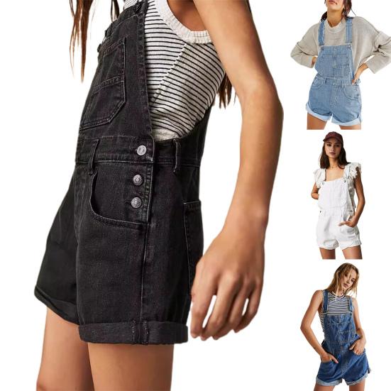 Women Suspender Jeans Denim Shorts Square Neck V-shaped Back Loose Pockets Adjustable Shoulder