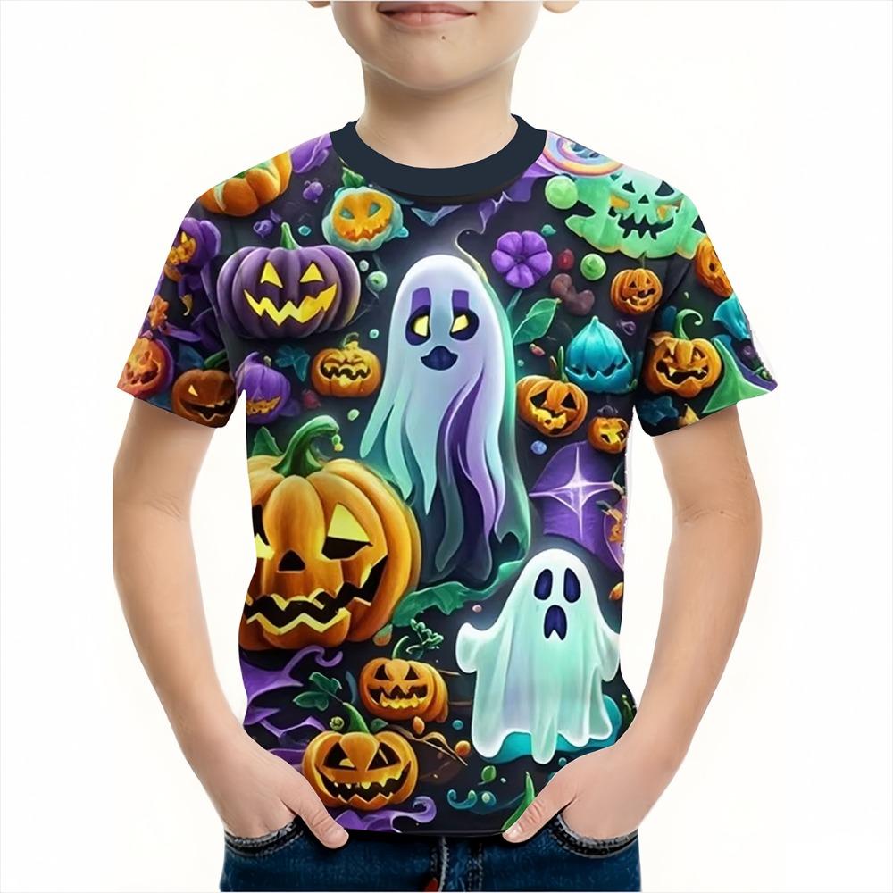 Boys' clothing, funny and terrifying pumpkin pattern T-shirt, boys' and girls' Halloween short sleeved shirt, children's Halloween gift party T-shirt