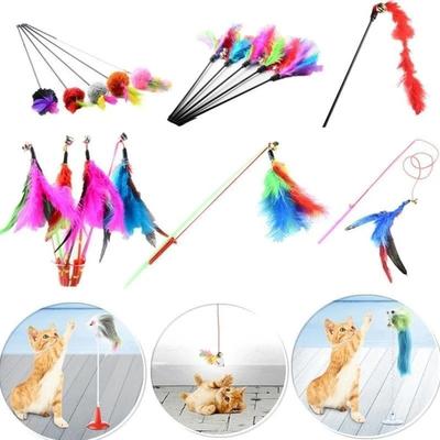 5 Pcs Kitten Pet Cat Teaser Turkey Feather Interactive Fun Toy Wire Chaser Wand + Bell Pet Products Cat Toys Interactive