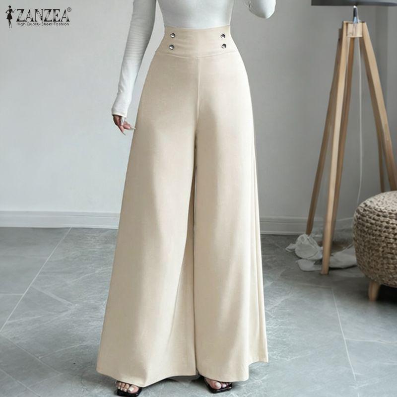 ZANZEA Women Casual Solid Color High Waist Wide Leg Pants