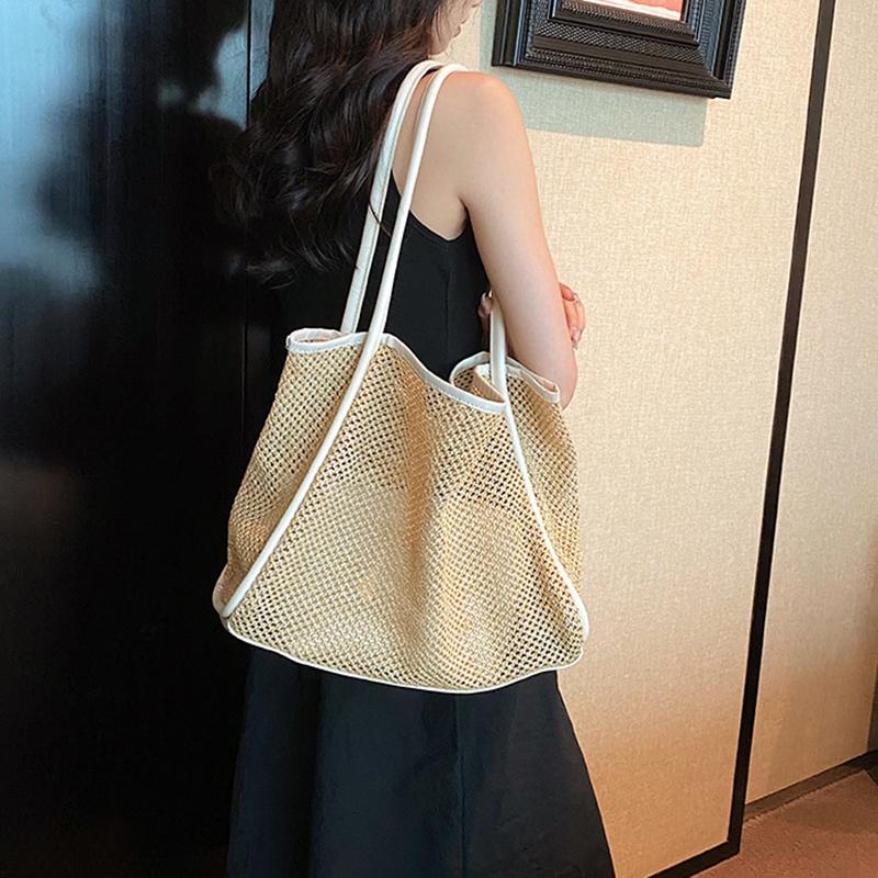 Large Capacity Beach Hollow Composite Tote Solid Color Leather Small Pouch Straw Woven Shoulder Bag Lightweight Polyester