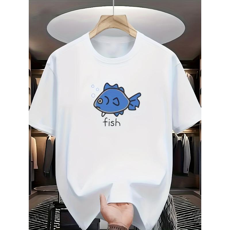 

Round Neck Short Sleeve Men s T-Shirt. The Overall Design Conveys a Cute, Fresh Atmosphere Related to Fish, with a Simple and Playful Style 4XL білий