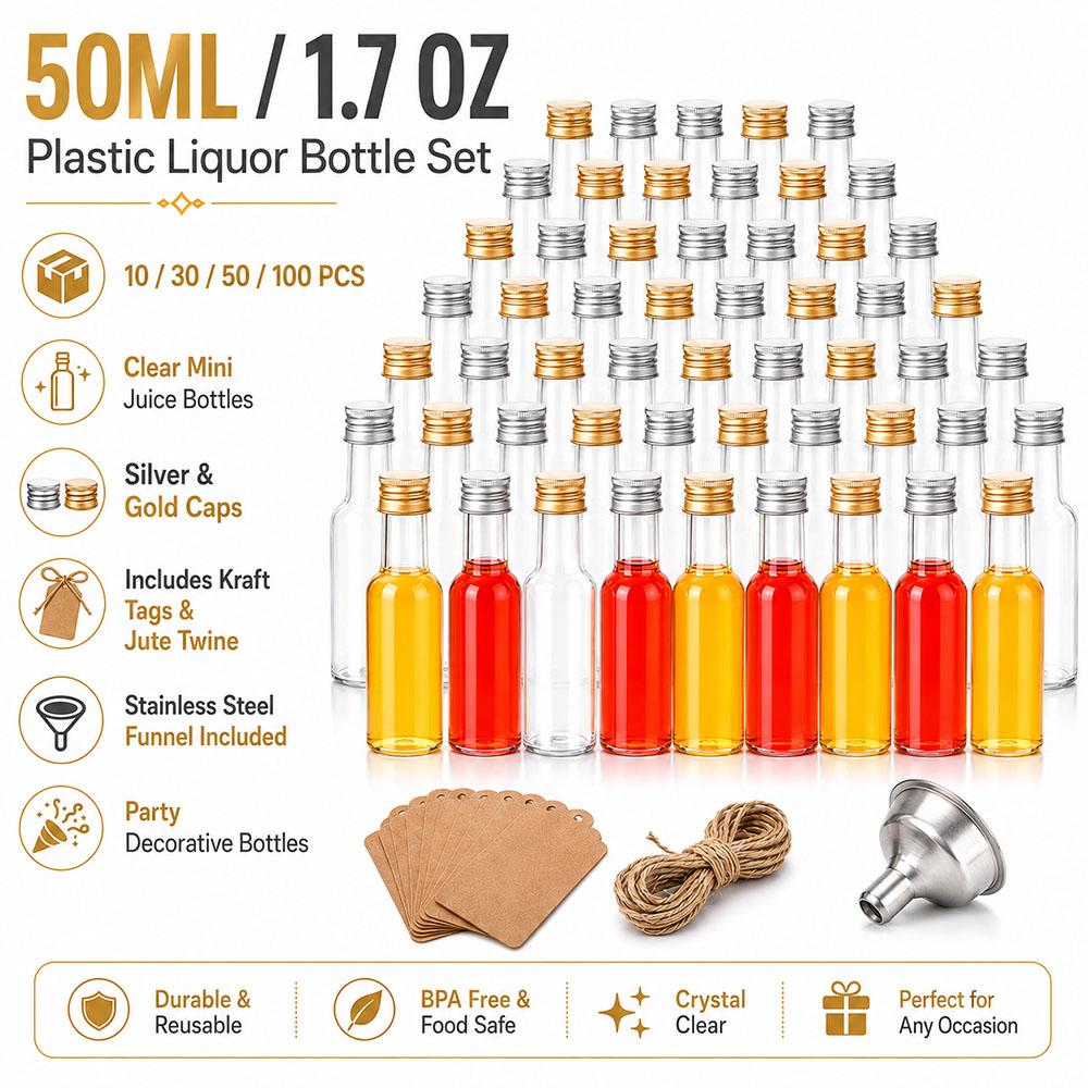 10/30/50/100Pcs Plastic Liquor Bottle Set Mini 1.7 Oz Clear Juice Bottle Cereal Silver/Gold Caps Bottle Party Decorative Bottles