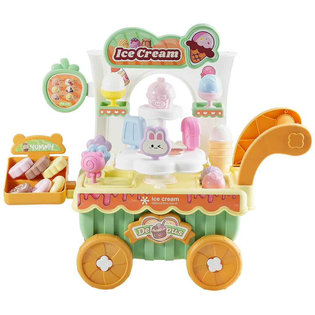 VEVOR Ice Cream Cart for Kids, 27 PCS Accessories, Pretend Play Store with Storage Trolley with Pretend Money, Sound & Light Effects
