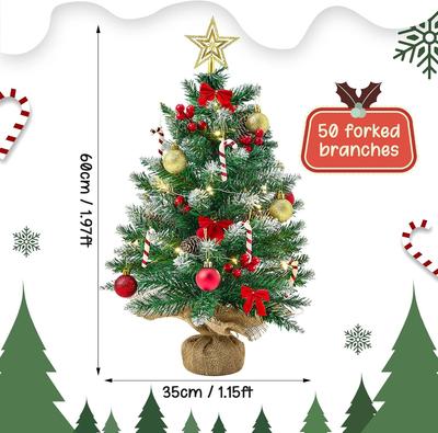 2ft Mini Christmas Tree with LED Lights, Burlap Base & Star Topper for Table Desk Decor