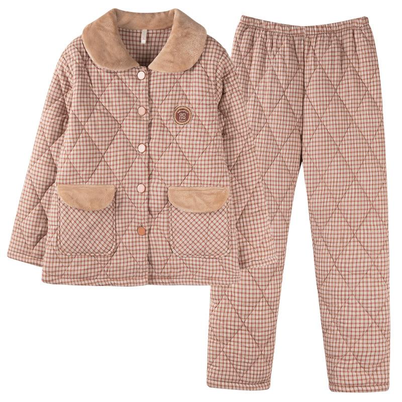 Pajamas Women'S Winter Three-Layer Thickened Fleece Woven Cotton Jacket Autumn And Winter Coral Fleece Warm Loungewear