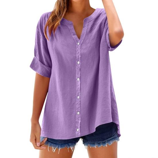Women Shirt V-Neck Half Sleeve Buttons Placket Shirt Solid Color Loose Fit Summer Casual