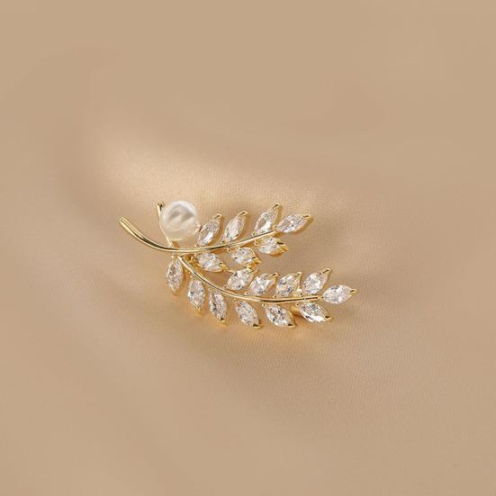 Women Brooch Sparkling Cubic Zirconia Wheat Ear Design Suit Lapel Badge with Imitation Pearls Scarves Dresses Accessories