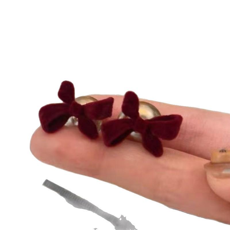 Stylish Red Flocked Bow Pearl Stud Earrings: Wearable Both Sides, Enhancing Fairness and Elegance, Perfect New Year Accessory