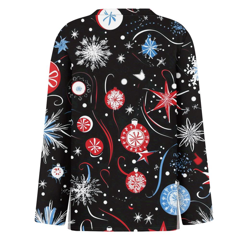 Women's Fashion Casual Slit Hem Round Neck Long Sleeve Loose Christmas Printed T-Shirt Ladies Top