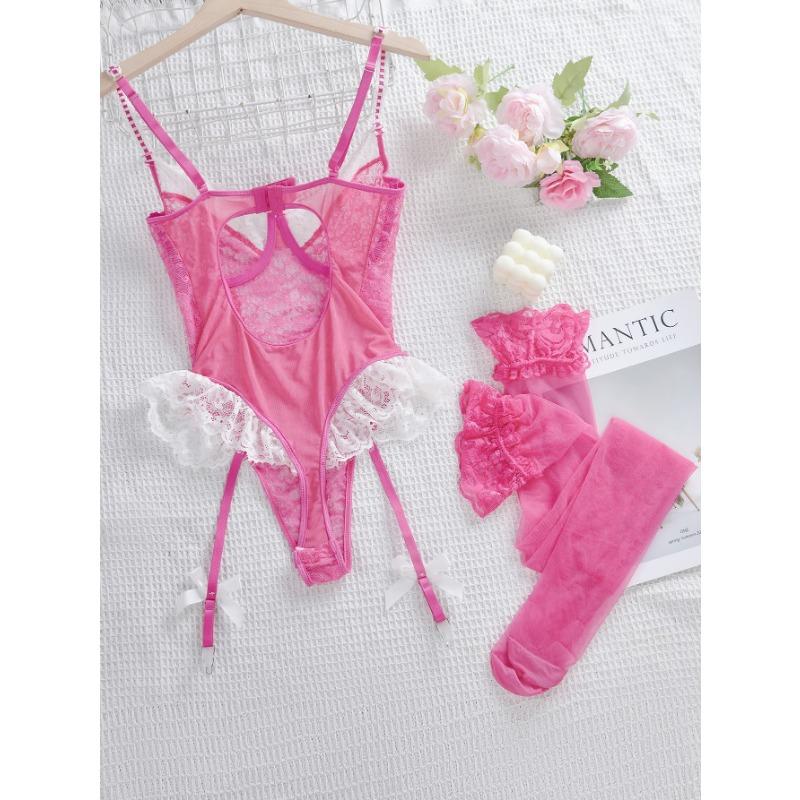 Sexy Pure Desire Hollow Lace Strap Bodysuit Lingerie Set