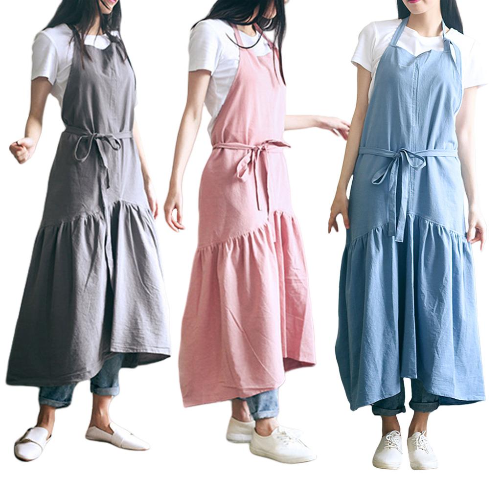 Cotton Linen Apron Pinafore Dress for Women Adjustable Casual Apron Kitchen Cooking Apron for Cafe Bakery Restaurant
