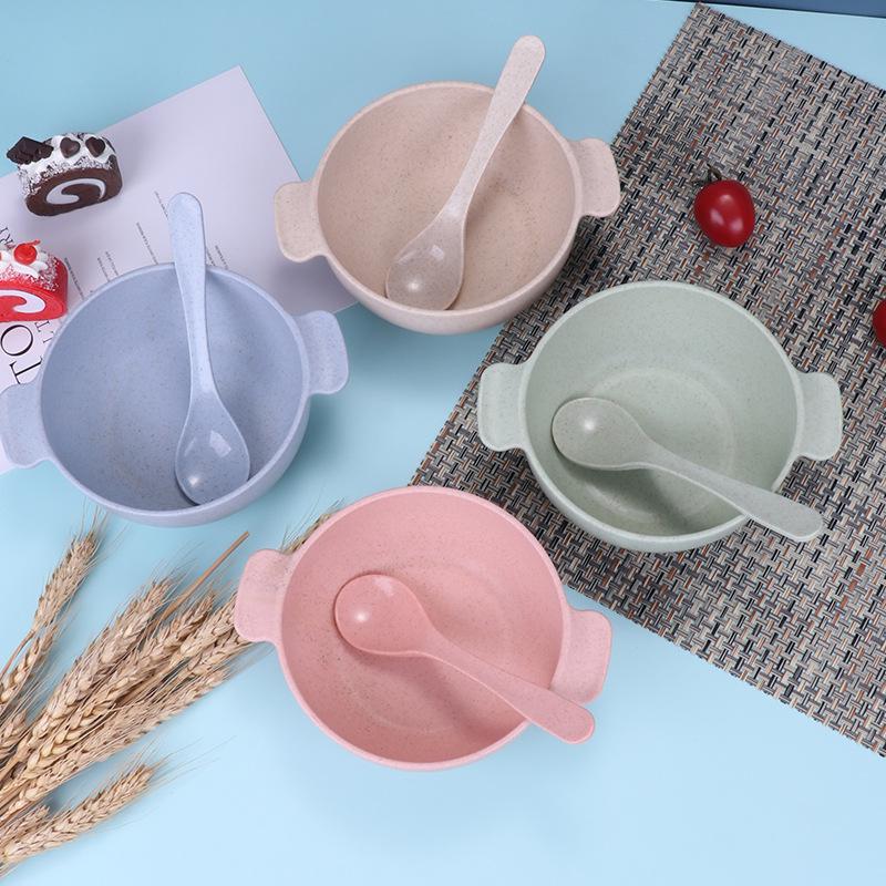 Dětská pšeničná jídelní sada: Miska s dvojitými uchy a lžíce odolné proti pádu a s tepelnou izolací