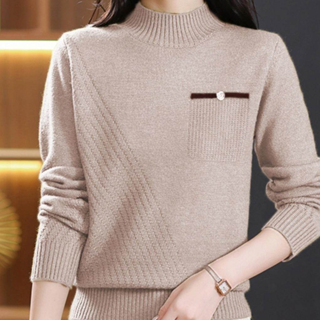Sweater Women's Solid Color Semi High Neck Knitted Sweater Spring and Autumn Long Sleeved Casual Pullover