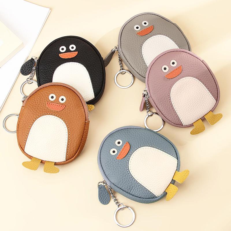 Women's Genuine Leather Mini Coin Purse with Key Ring - Motorcycle Style and Top Cowhide Zipper Wallet