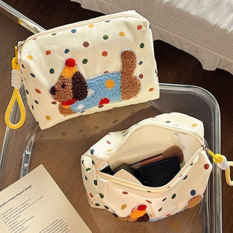Cute Cartoon Dog Polka Dot Canvas Bag Large-capacity Portable Cosmetic Storage Bags for Travel Makeup Organizer Handbag for Girl