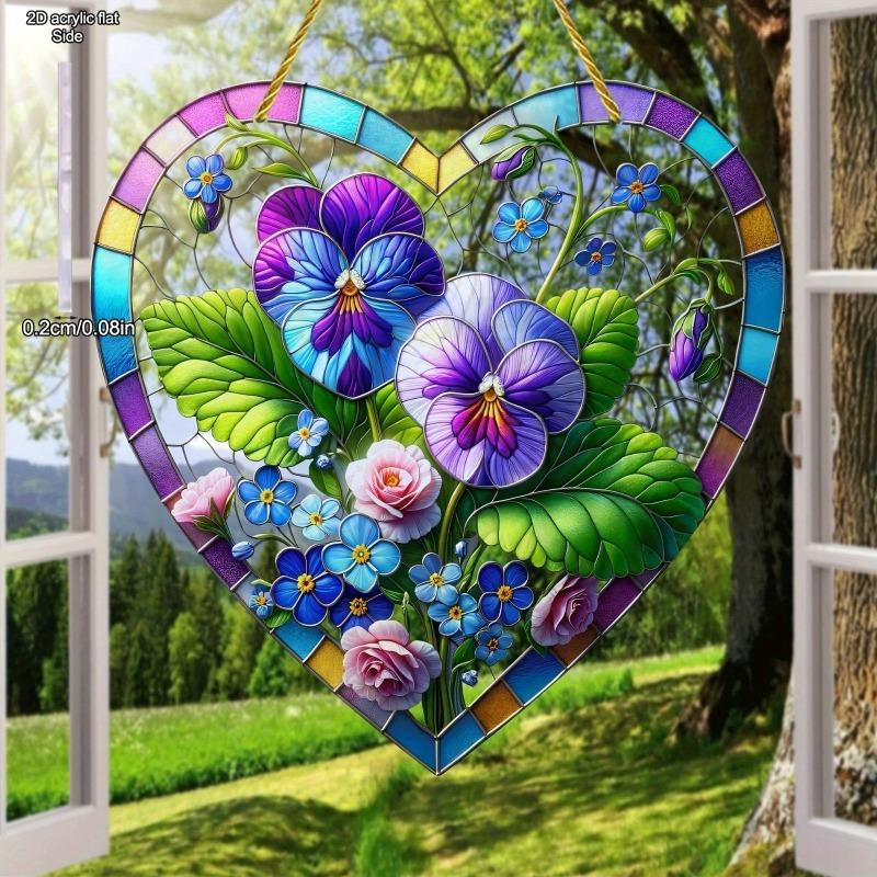 Colorful Gilly flower Heart-Shaped Suncatcher - Stained Glass-Style Glass Effect with Vibrant Floral Design, Perfect for Home & Garden Decor, Ideal fo