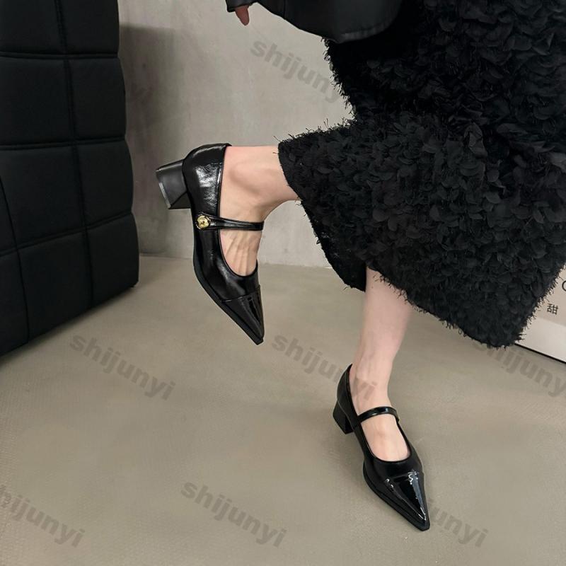 Women Retro Chunky Mary Jane Shoes Patent Leather Dress High Heels Square Head Square Heel Solid Color Women Autumn Single Shoes