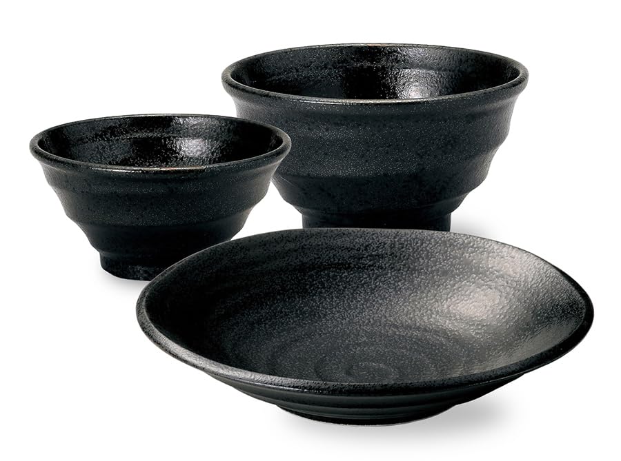 [Made In Japan] Bom Dia Mino Ware 3-Piece Dinnerware Set: Rice Bowl, Rice Bowl, and Deep Plate (Obsidian)