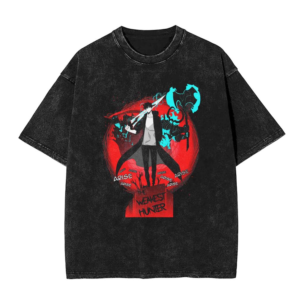 Men Women T Shirt Hot Anime Solo Leveling Sung Jin Woo Washed T-Shirts Hippie  Summer Tees Y2K Classic Clothes Plus Size 2XL
