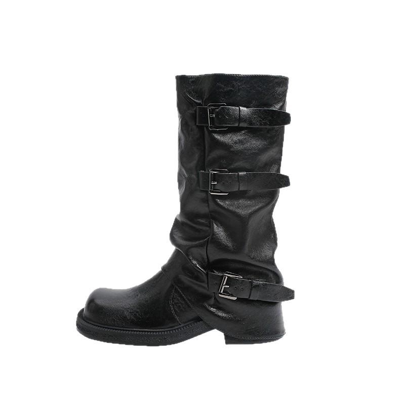 Echtes Leder~Innenhöhe Schwarze Mittellange Stiefel für Damen, Herbst Stiefel mit Dickem Sohle und Falten-Plüsch, Westliche Cowboy-Ritterstiefel
