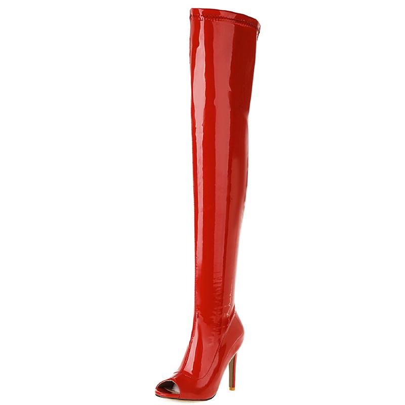 Bílé kozačky nad koleno Dámské Sexy Elastické Boty na Vysokém Podpatku Dámské Kozačky po Stehno Peep Toe Kožené Dlouhé Striptérské Boty Dámské