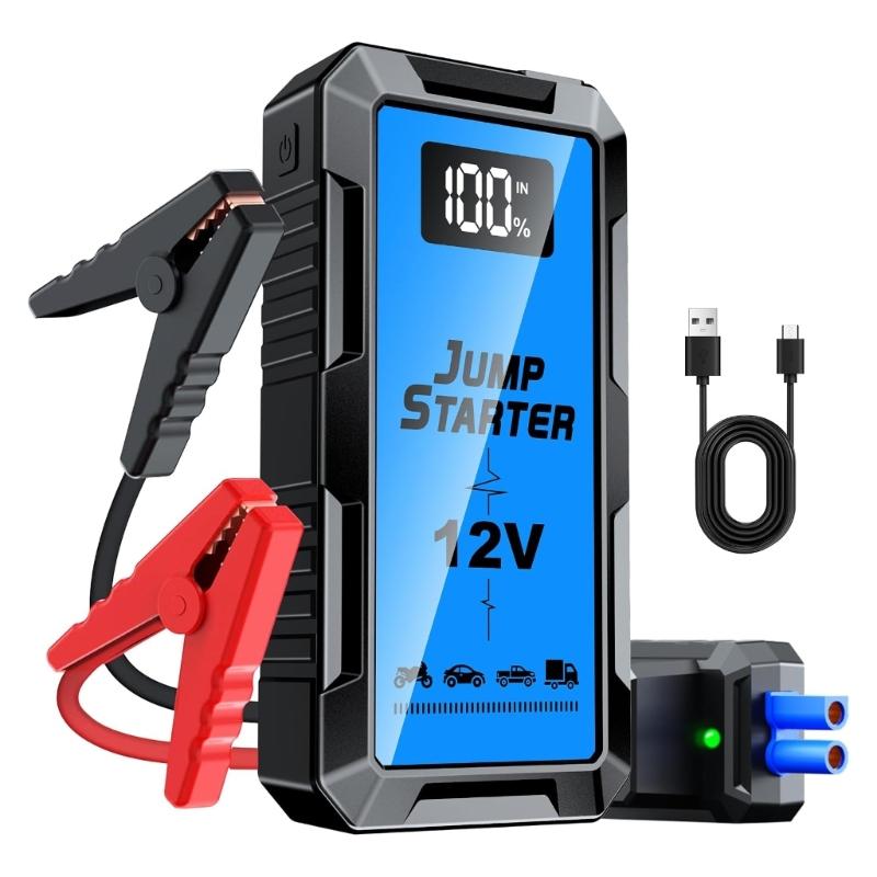 Vehicle Jump Pack with 5 V/2 A Input and Output, LCD Battery Readout, 12 V Starting Support, and Steady, Flashing, and Emergency Light Modes