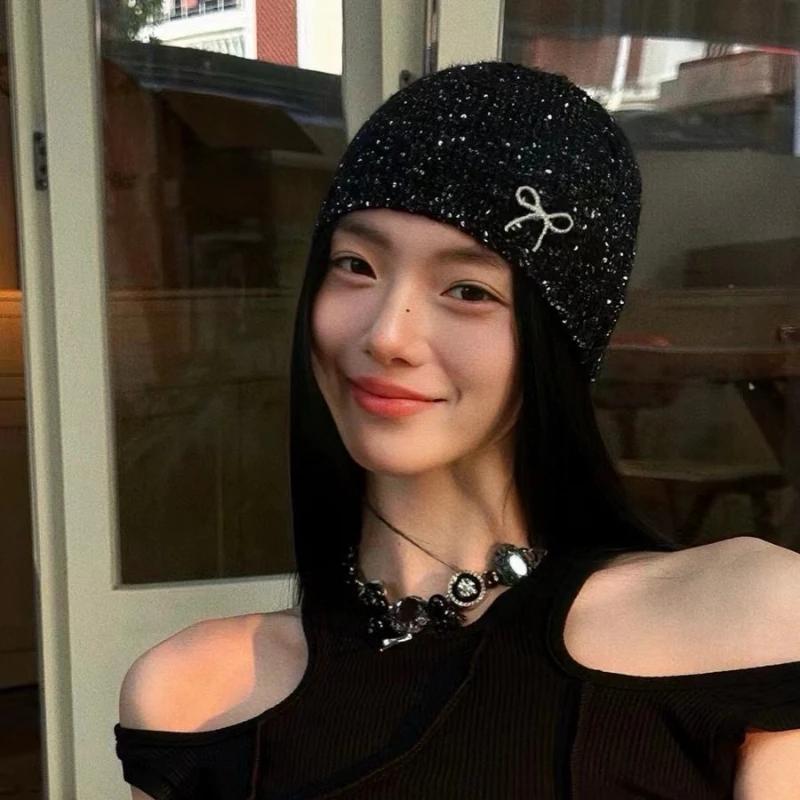 Korean Designer Y2K Shiny Cold Cool Street Sequined Knit Hat Spring Summer Girl Glitter Fashion Knitted Bag Head Beanie Hat