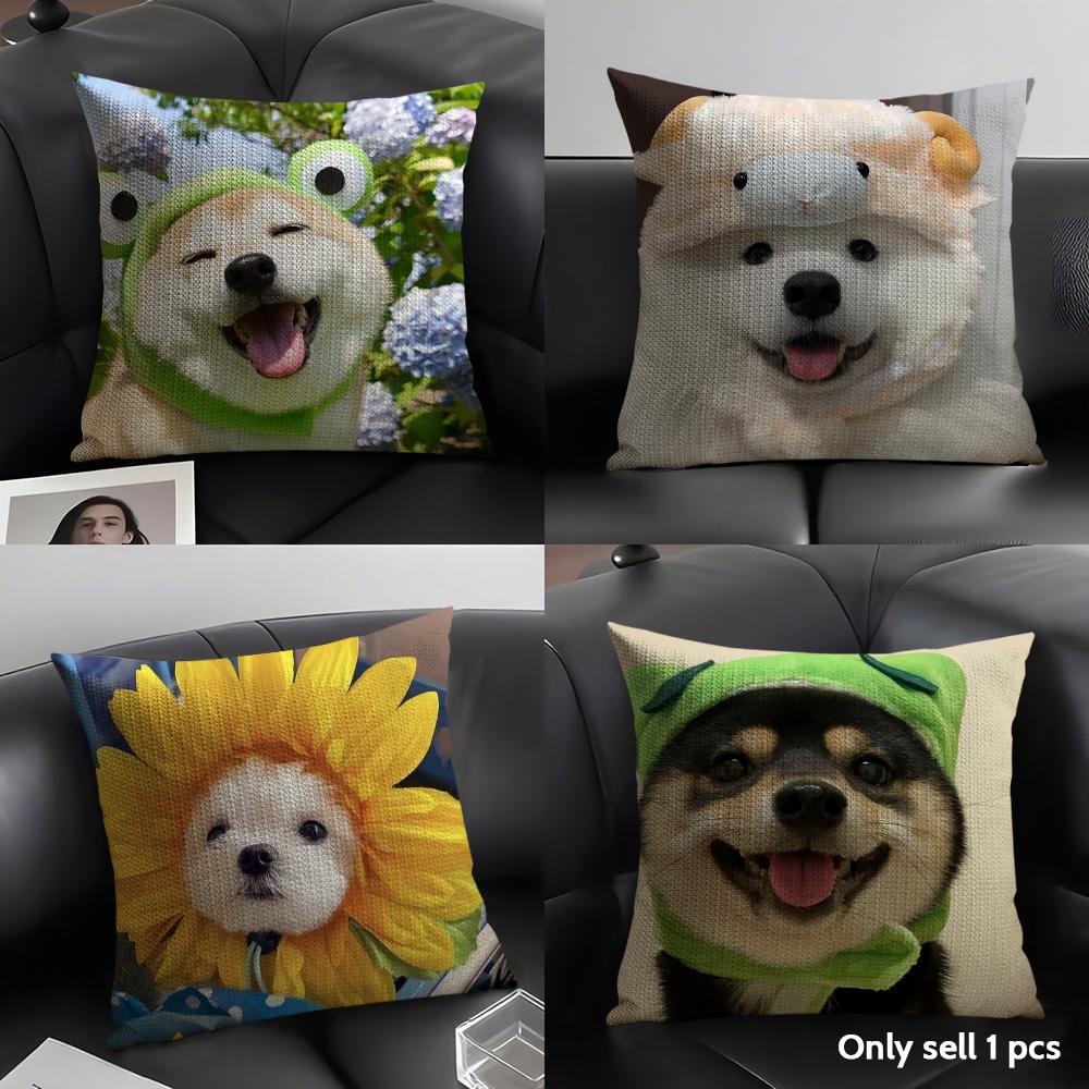 Cute Dog Cat Kawaii Gift Cushion Cover Natural Linen Organic Fabric Double-Sided Printing Sofa Home Decor Gift Pillow Case