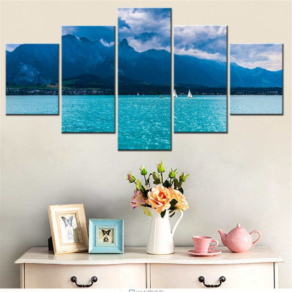 

5 Pieces Canvas Wall Arts Landscape Poster Painting Nature Lake Thun Mountains Wallpaper Home Decor nterior Picture Printing I 20X35 20X45 20X55CM