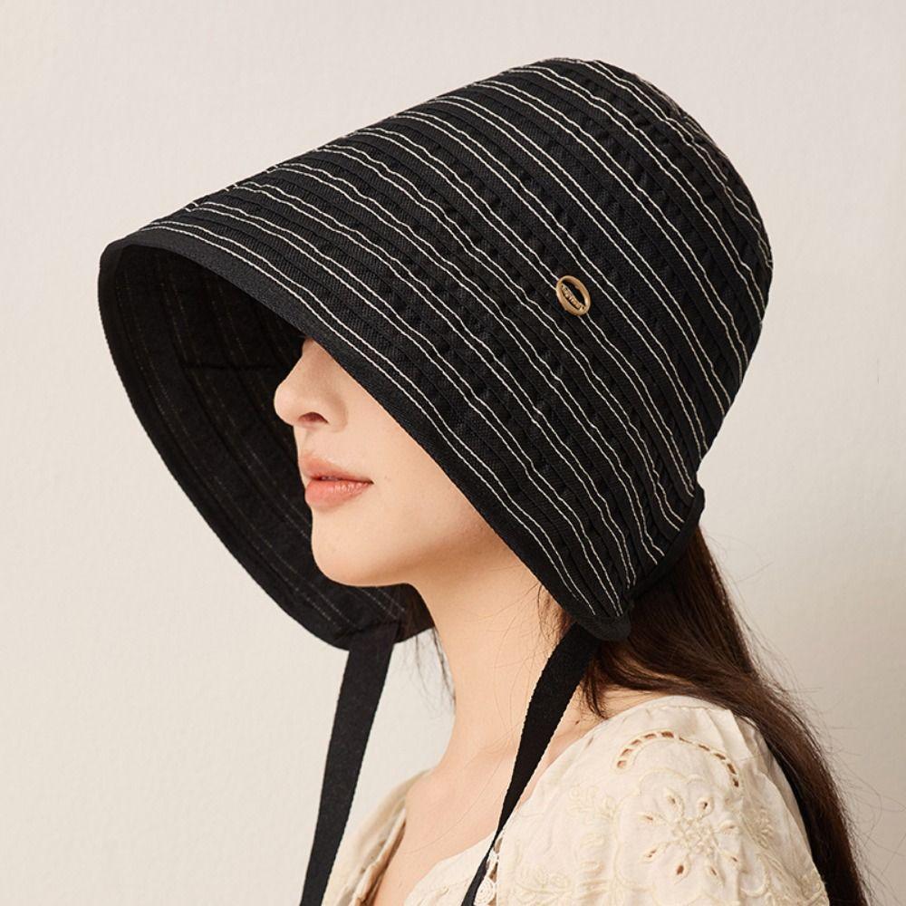 Ribbon Women Striped Fisherman Hat Wide Brim Bucket Hat Casual Summer Sun Hat Hiking