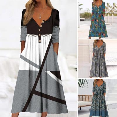 Summer Women Dress A-line Loose Hem Pleated O Neck Button Short Sleeve Loose Side Pockets Retro Floral Print Mid-calf Length Commute Beach Midi Dress