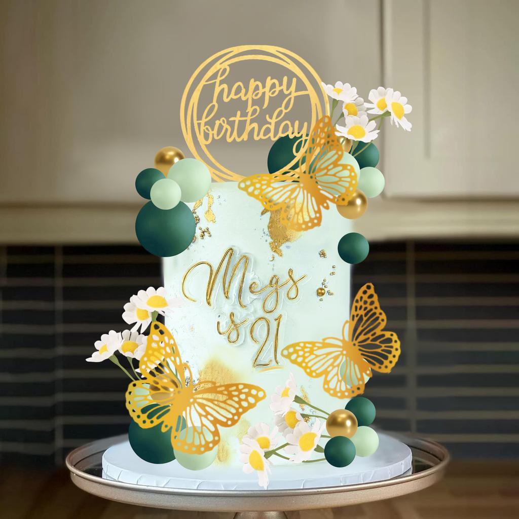 Grüne Kugeln Kuchenaufsatz Schmetterling Kuchendekorationen Happy Birthday Kuchenaufsatz für Hochzeit Babyparty Gänseblümchen Geburtstag