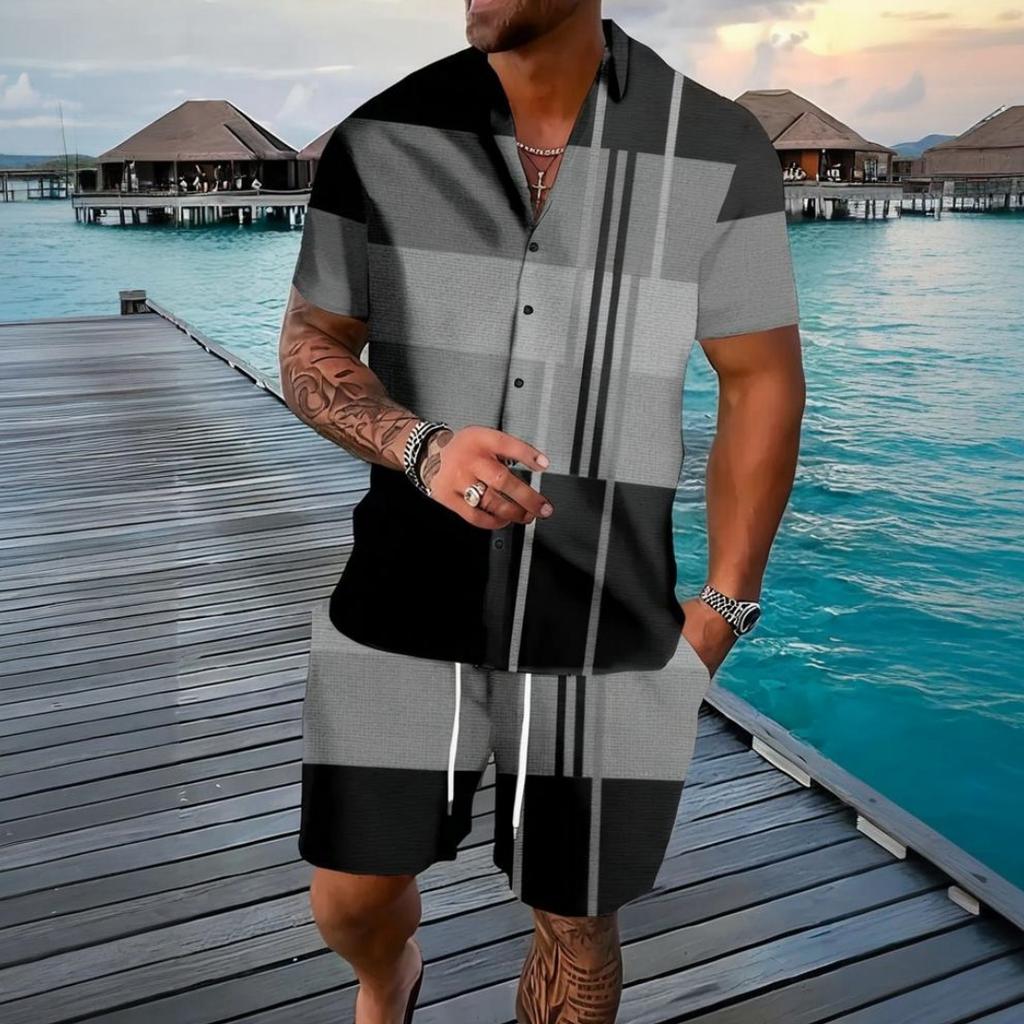 Traje Retro para Hombre Rayas Verano Exterior Manga Corta Moda Pantalones Cortos Casuales Simple Hawái Conjunto de 2 Piezas Ropa Oversize para Hombre