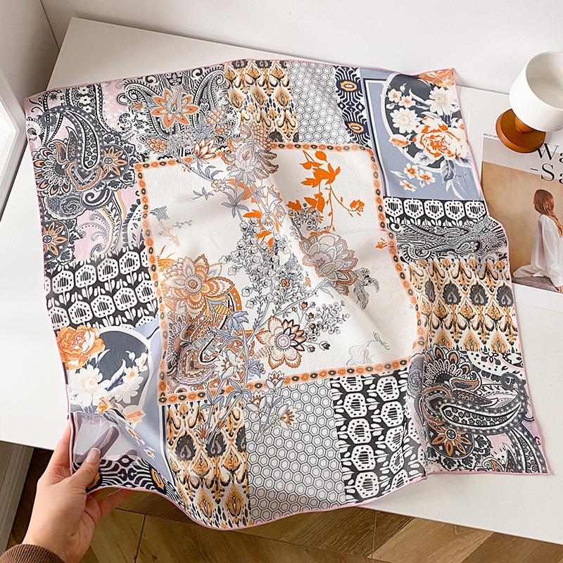 Retro splicing 100% mulberry silk square scarf, high-end design silk silk scarf, fashionable versatile mulberry silk scarf 67cm