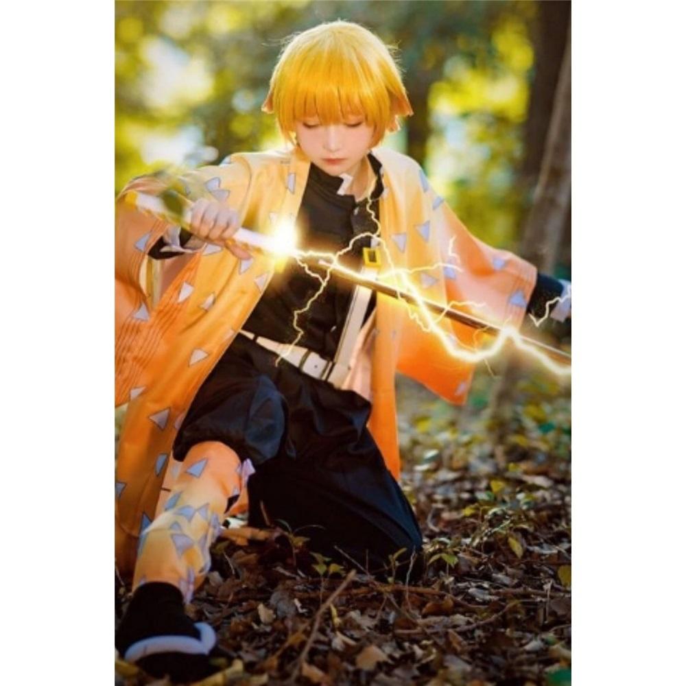 Agatsuma Zenitsu Cosplay Costume Wig Haori Embroidery Top Elastic Pants Belt Rose Net Cos Halloween Christmas Gift